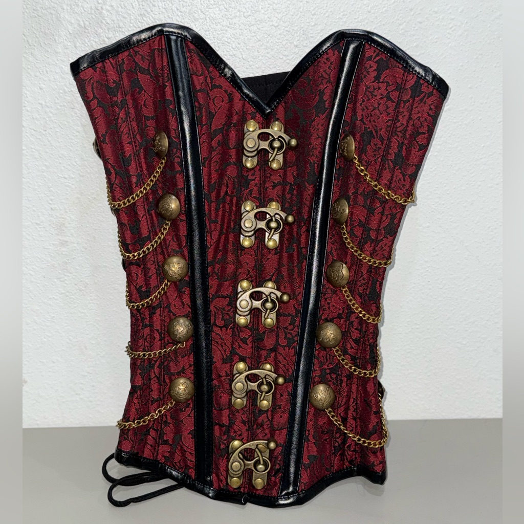 Elegant Red And Black Corset With Gold Accents